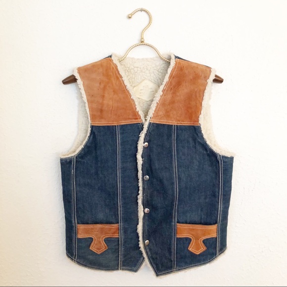 Vintage Other - Vintage Denim Leather Sherpa Lined Vest